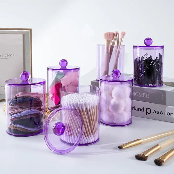 Aeelleea 6 Pack Purple Plastic Bathroom Canister Set, 10oz & 12oz Storage Jars with Lids for Cotton Swabs, Cotton Balls, Floss Picks, Vanity Organizer