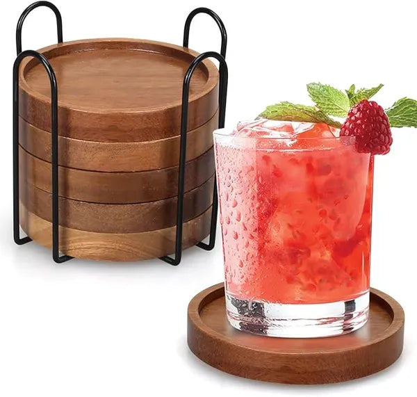 🌹Set of 6 Acacia Wood Drink Coasters with Black Metal Holder, Round Wooden Coasters for Coffee Table Home Bar Decor