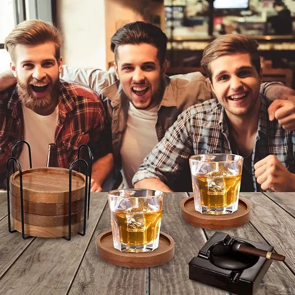 🌹Set of 6 Acacia Wood Drink Coasters with Black Metal Holder, Round Wooden Coasters for Coffee Table Home Bar Decor