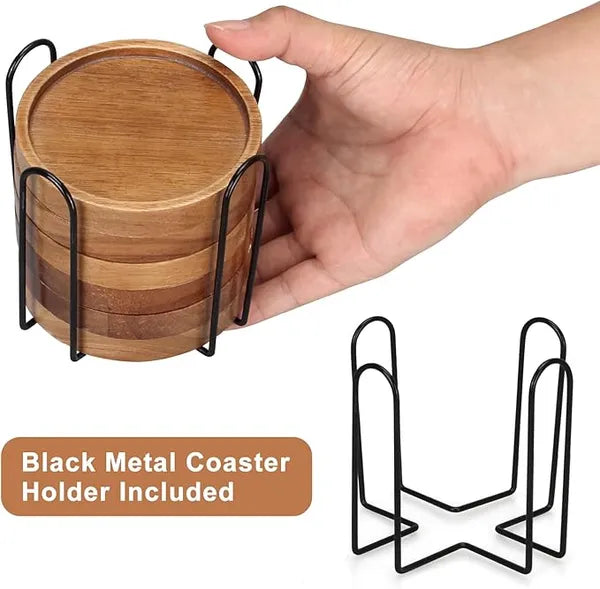 🌹Set of 6 Acacia Wood Drink Coasters with Black Metal Holder, Round Wooden Coasters for Coffee Table Home Bar Decor