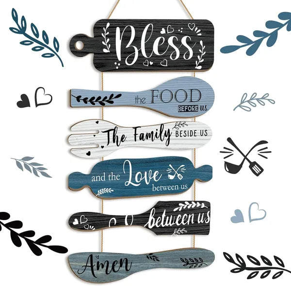 6Pcs Farmhouse Kitchen Wall Art, "Bless The Food Before Us" Wooden Hanging Signs, Rustic Dining Room Wall Decor, 13x21 Inch Vertical