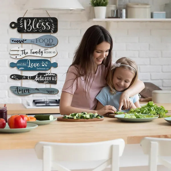 6Pcs Farmhouse Kitchen Wall Art, "Bless The Food Before Us" Wooden Hanging Signs, Rustic Dining Room Wall Decor, 13x21 Inch Vertical