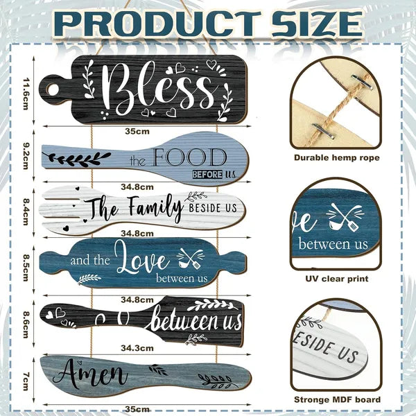 6Pcs Farmhouse Kitchen Wall Art, "Bless The Food Before Us" Wooden Hanging Signs, Rustic Dining Room Wall Decor, 13x21 Inch Vertical