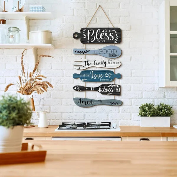 6Pcs Farmhouse Kitchen Wall Art, "Bless The Food Before Us" Wooden Hanging Signs, Rustic Dining Room Wall Decor, 13x21 Inch Vertical