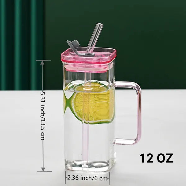 6 Pack Square Glass Straw Cups with Handle & Lid, Colorful Reusable Iced Coffee Water Tumbler for Home Party
