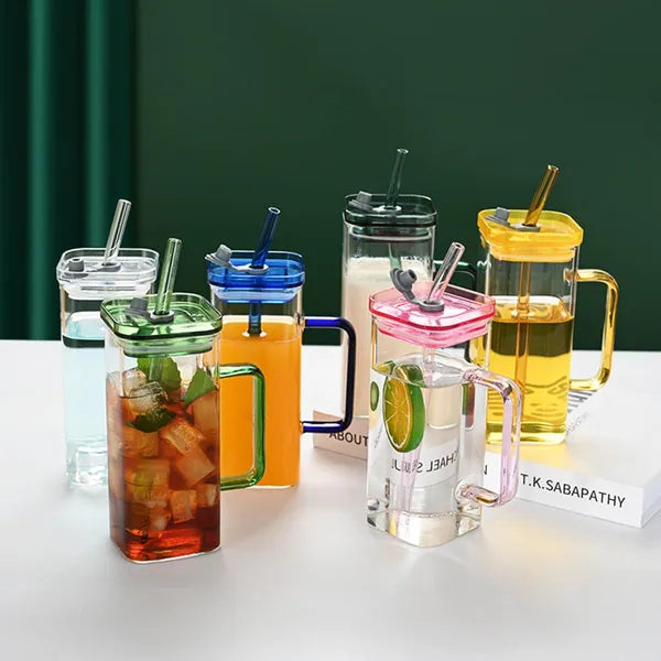6 Pack Square Glass Straw Cups with Handle & Lid, Colorful Reusable Iced Coffee Water Tumbler for Home Party