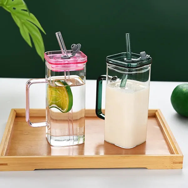 6 Pack Square Glass Straw Cups with Handle & Lid, Colorful Reusable Iced Coffee Water Tumbler for Home Party
