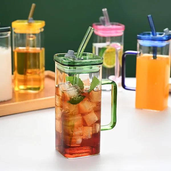 6 Pack Square Glass Straw Cups with Handle & Lid, Colorful Reusable Iced Coffee Water Tumbler for Home Party