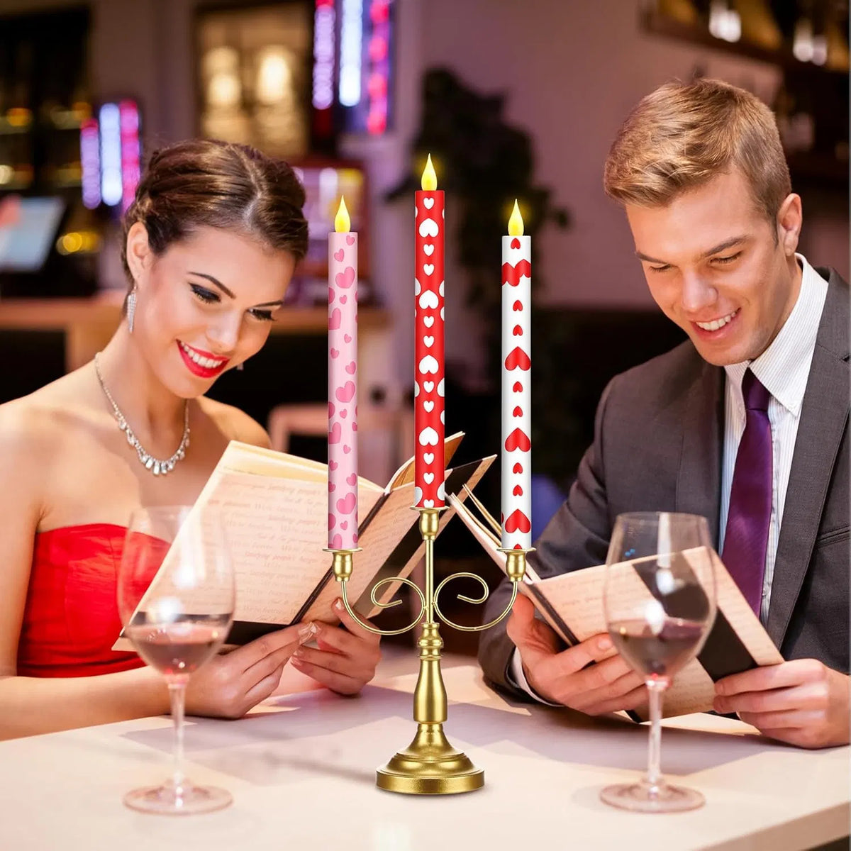 6-Pack Valentine's Day Flameless Taper Candles, 10.6 in Battery Operated LED Candles with Heart Print for Wedding & Dinner Decor
