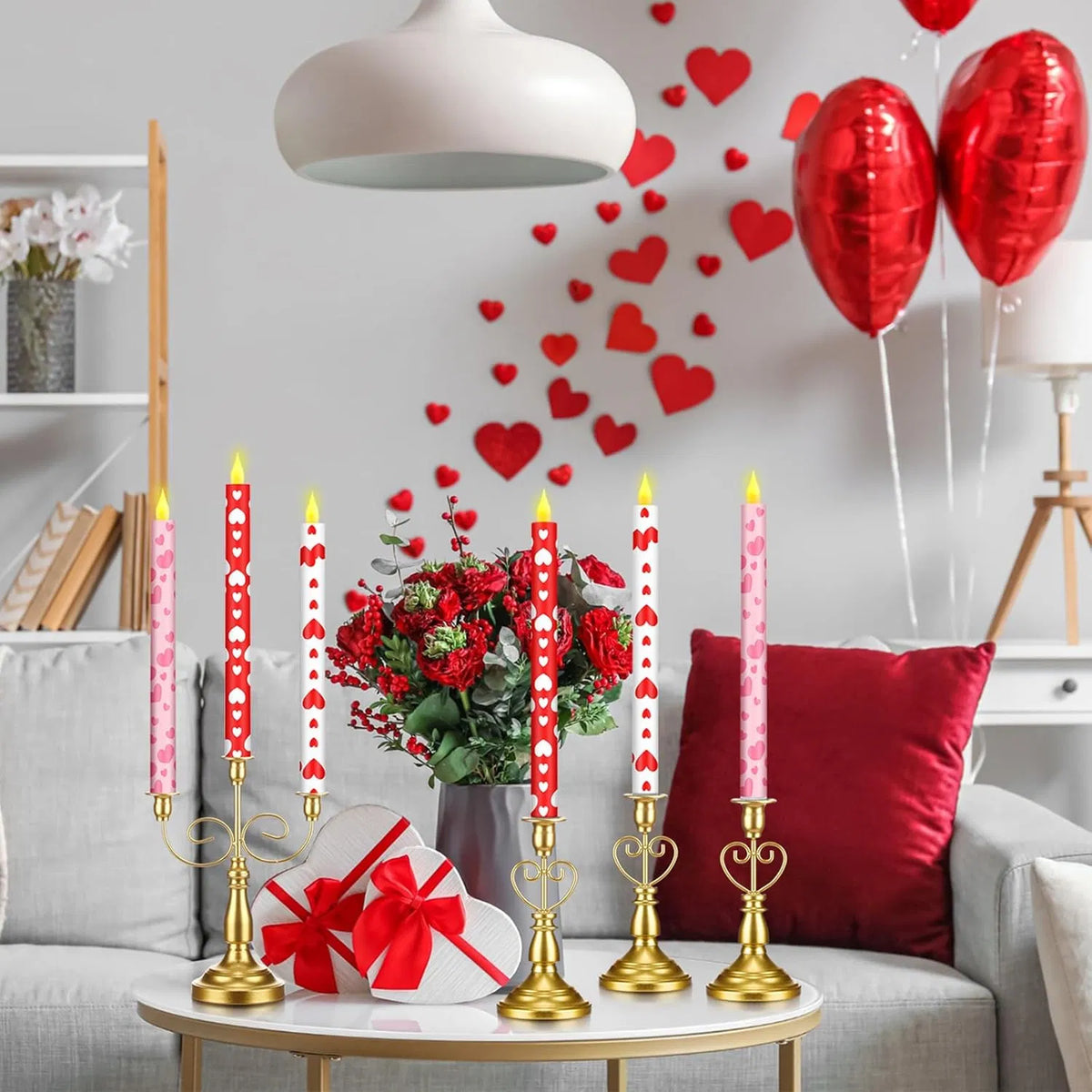 6-Pack Valentine's Day Flameless Taper Candles, 10.6 in Battery Operated LED Candles with Heart Print for Wedding & Dinner Decor