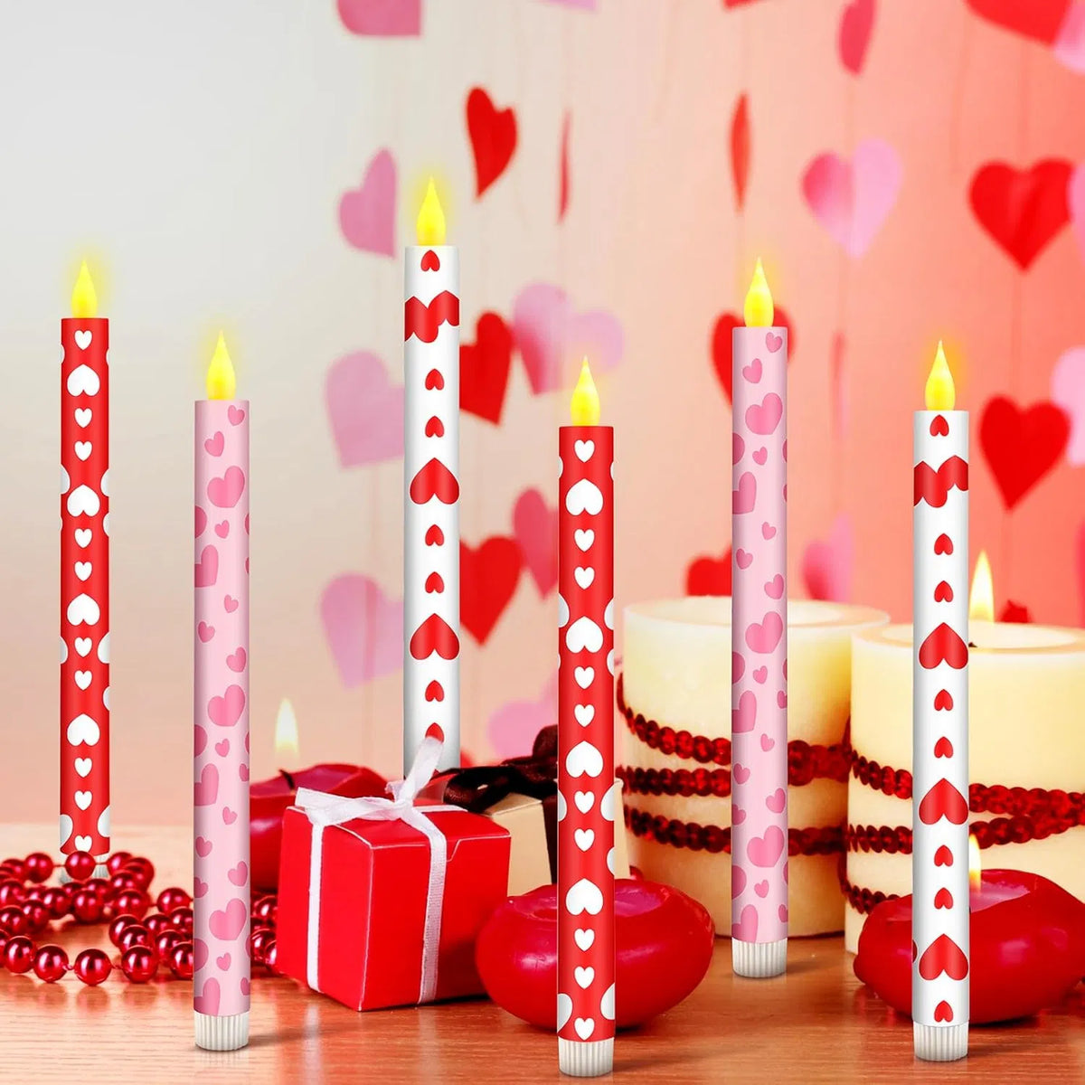 6-Pack Valentine's Day Flameless Taper Candles, 10.6 in Battery Operated LED Candles with Heart Print for Wedding & Dinner Decor