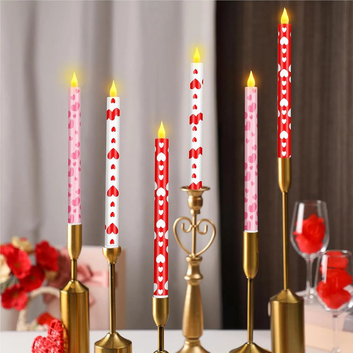 6-Pack Valentine's Day Flameless Taper Candles, 10.6 in Battery Operated LED Candles with Heart Print for Wedding & Dinner Decor