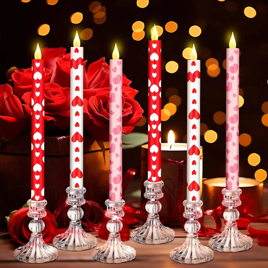 6-Pack Valentine's Day Flameless Taper Candles, 10.6 in Battery Operated LED Candles with Heart Print for Wedding & Dinner Decor