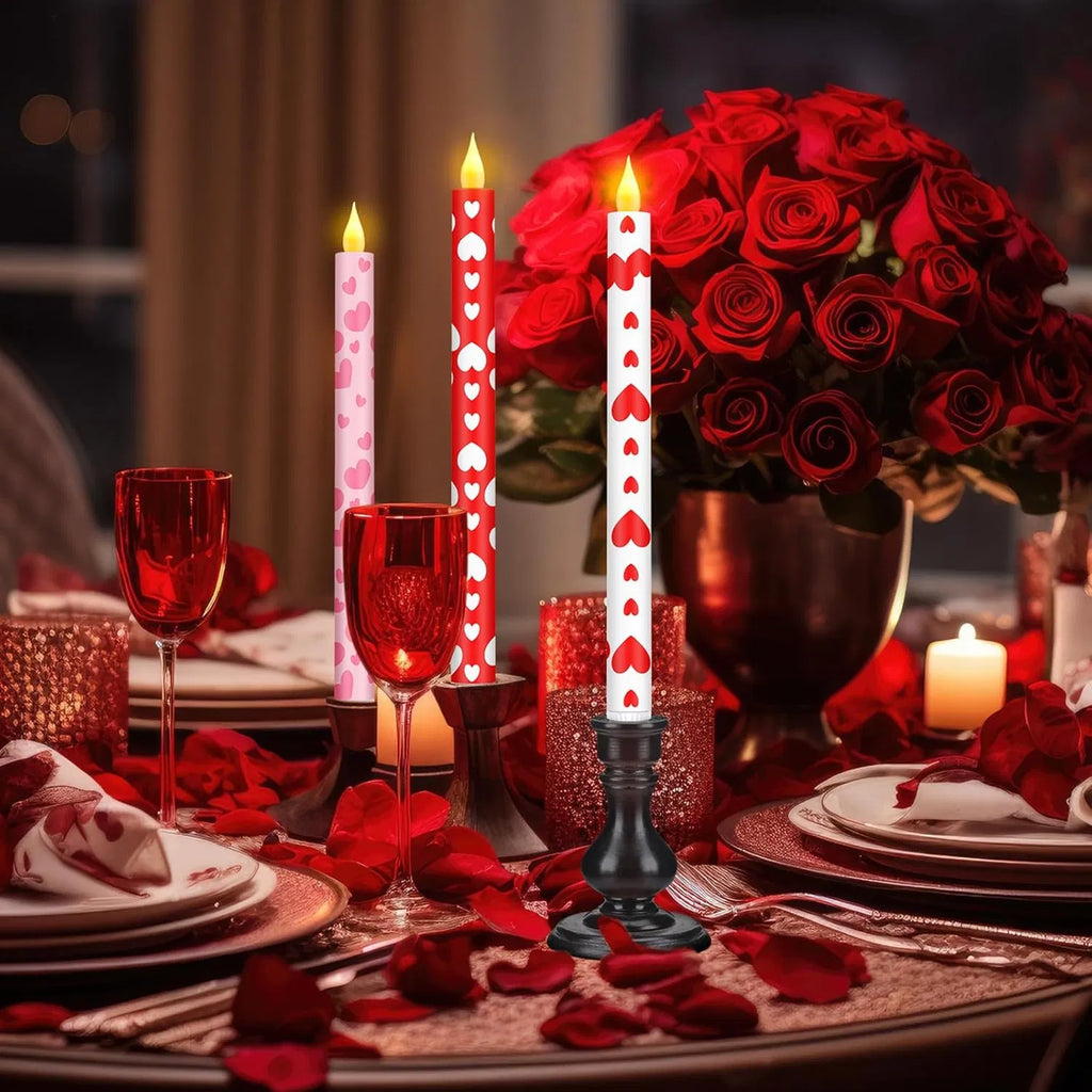 6-Pack Valentine's Day Flameless Taper Candles, 10.6 in Battery Operated LED Candles with Heart Print for Wedding & Dinner Decor