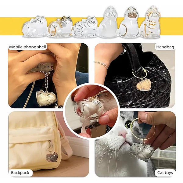 6-Piece Cat Hair Keepsake Keychain Set, Pet Fur Memorial Capsule Pendants, Clear Cat-Shaped Bag Charms