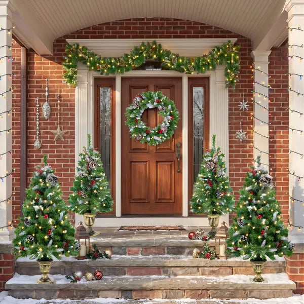 Aeelleea 6-Piece Christmas Decor Set, 4 Pre-Lit Christmas Trees, 1 Wreath & 1 Garland with Warm White Lights for Indoor Holiday Home Decor