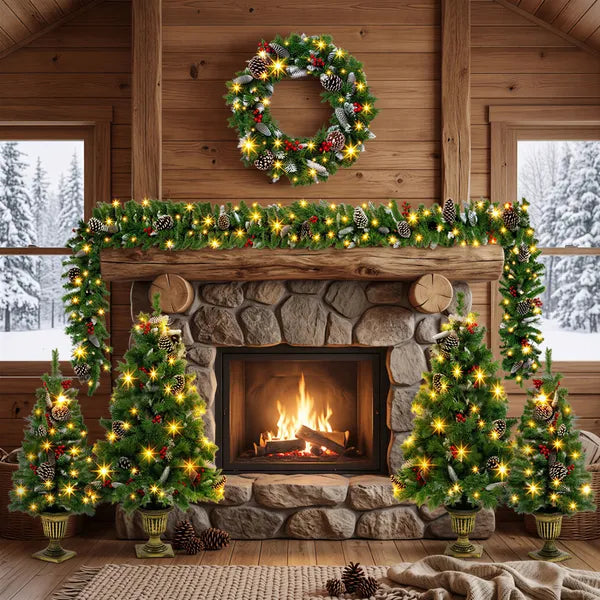 Aeelleea 6-Piece Christmas Decor Set, 4 Pre-Lit Christmas Trees, 1 Wreath & 1 Garland with Warm White Lights for Indoor Holiday Home Decor