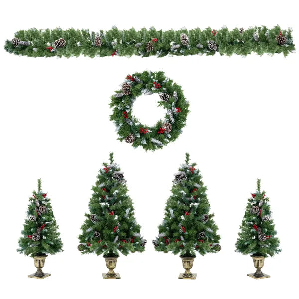 Aeelleea 6-Piece Christmas Decor Set, 4 Pre-Lit Christmas Trees, 1 Wreath & 1 Garland with Warm White Lights for Indoor Holiday Home Decor