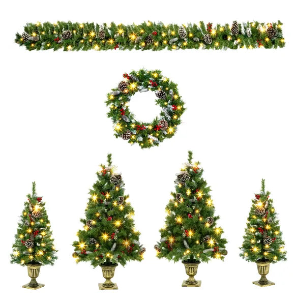Aeelleea 6-Piece Christmas Decor Set, 4 Pre-Lit Christmas Trees, 1 Wreath & 1 Garland with Warm White Lights for Indoor Holiday Home Decor