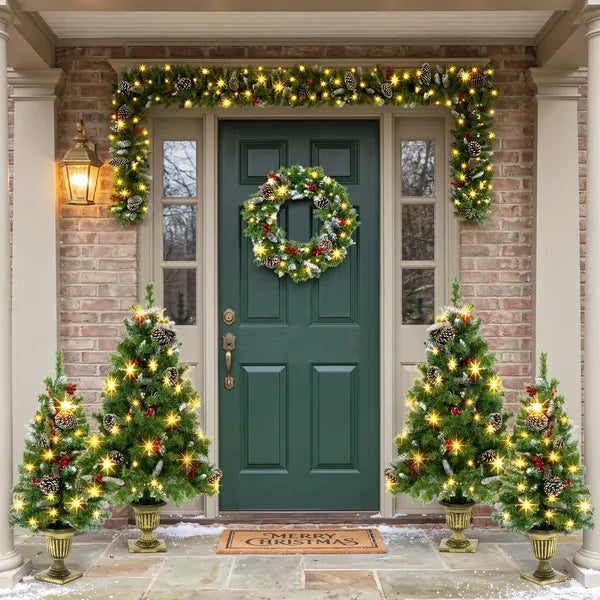 Aeelleea 6-Piece Christmas Decor Set, 4 Pre-Lit Christmas Trees, 1 Wreath & 1 Garland with Warm White Lights for Indoor Holiday Home Decor