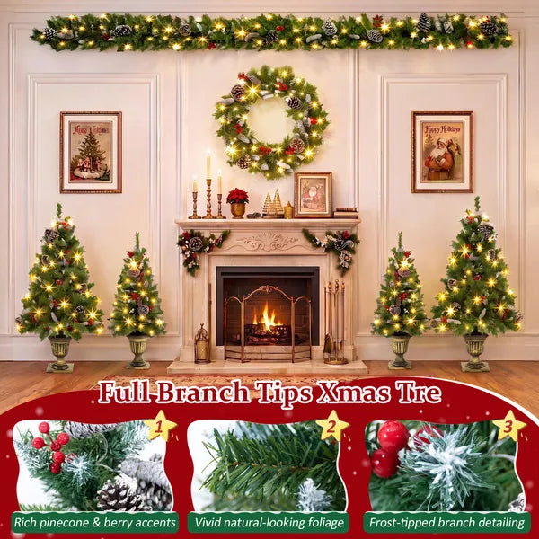 Aeelleea 6-Piece Christmas Decor Set, 4 Pre-Lit Christmas Trees, 1 Wreath & 1 Garland with Warm White Lights for Indoor Holiday Home Decor