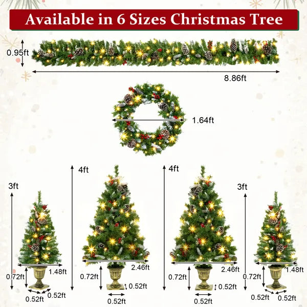 Aeelleea 6-Piece Christmas Decor Set, 4 Pre-Lit Christmas Trees, 1 Wreath & 1 Garland with Warm White Lights for Indoor Holiday Home Decor
