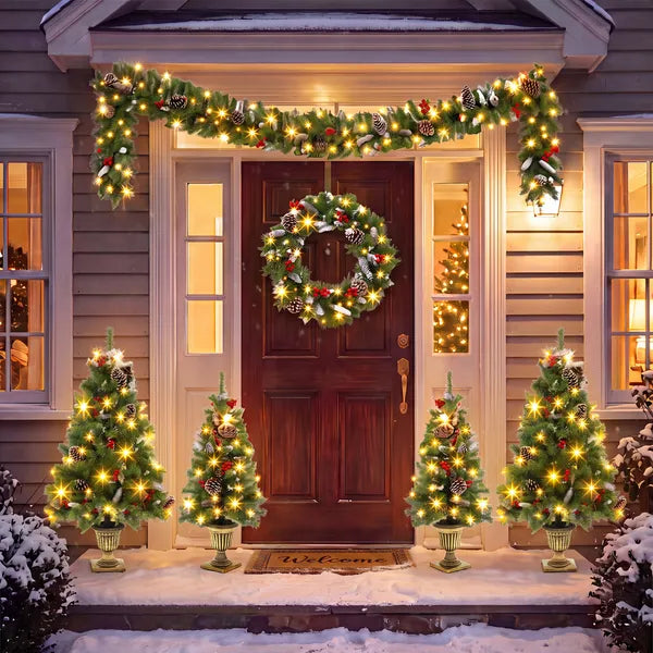 Aeelleea 6-Piece Christmas Decor Set, 4 Pre-Lit Christmas Trees, 1 Wreath & 1 Garland with Warm White Lights for Indoor Holiday Home Decor