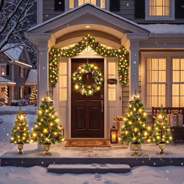 Aeelleea 6-Piece Christmas Decor Set, 4 Pre-Lit Christmas Trees, 1 Wreath & 1 Garland with Warm White Lights for Indoor Holiday Home Decor