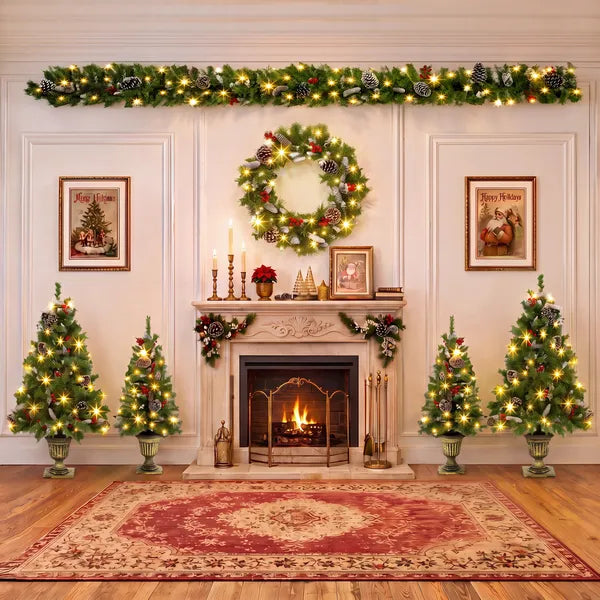 Aeelleea 6-Piece Christmas Decor Set, 4 Pre-Lit Christmas Trees, 1 Wreath & 1 Garland with Warm White Lights for Indoor Holiday Home Decor