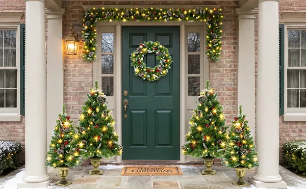Aeelleea 6-Piece Christmas Decor Set, 4 Pre-Lit Christmas Trees, 1 Wreath & 1 Garland with Warm White Lights for Indoor Holiday Home Decor