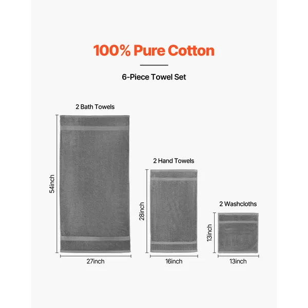 6-Piece 100% Pure Cotton Towel Set, 2 Bath Towels+2 Hand Towels+2 Washcloths, Thick Absorbent Quick Dry Grey Bathroom Towels for Home Hotel Spa