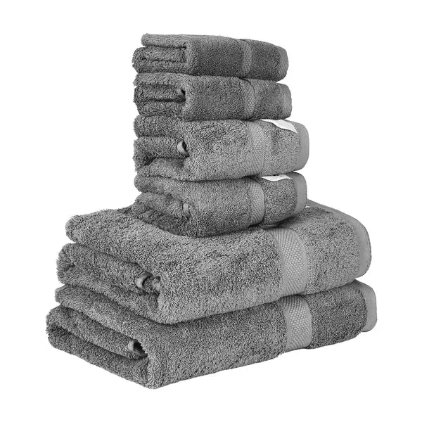 6-Piece 100% Pure Cotton Towel Set, 2 Bath Towels+2 Hand Towels+2 Washcloths, Thick Absorbent Quick Dry Grey Bathroom Towels for Home Hotel Spa