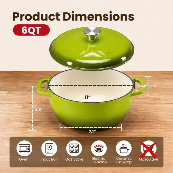 6 Quart Enameled Cast Iron Dutch Oven with Lid, Non-Stick Enamel Cookware for Braising, Stewing, Bread Baking, Induction Compatible
