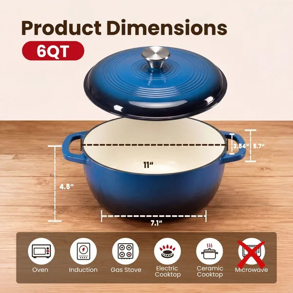 6 Quart Enameled Cast Iron Dutch Oven with Lid, Non-Stick Enamel Cookware for Braising, Stewing, Bread Baking, Induction Compatible
