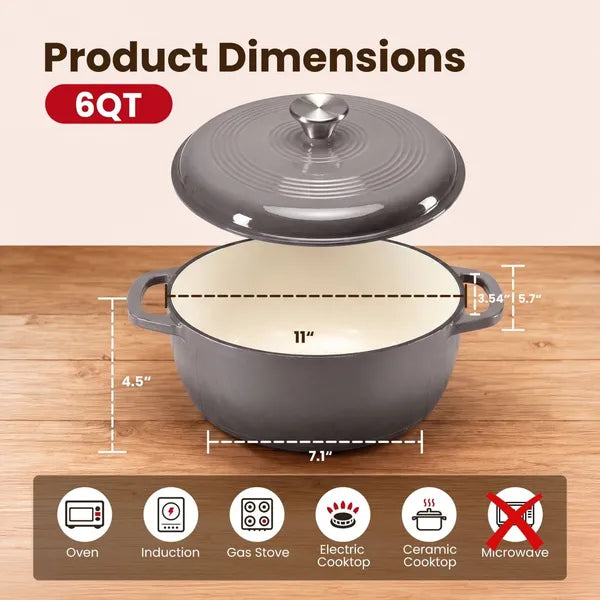 6 Quart Enameled Cast Iron Dutch Oven with Lid, Non-Stick Enamel Cookware for Braising, Stewing, Bread Baking, Induction Compatible