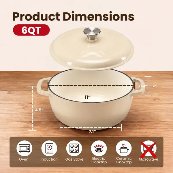 6 Quart Enameled Cast Iron Dutch Oven with Lid, Non-Stick Enamel Cookware for Braising, Stewing, Bread Baking, Induction Compatible