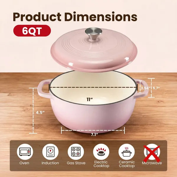 6 Quart Enameled Cast Iron Dutch Oven with Lid, Non-Stick Enamel Cookware for Braising, Stewing, Bread Baking, Induction Compatible