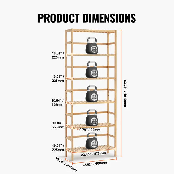 AEELLEEA 6-Tier Bamboo Storage Shelf 23.62 x 10.24 x 63.39 Inch, Freestanding Wood Display Rack for Bathroom Kitchen Living Room Office