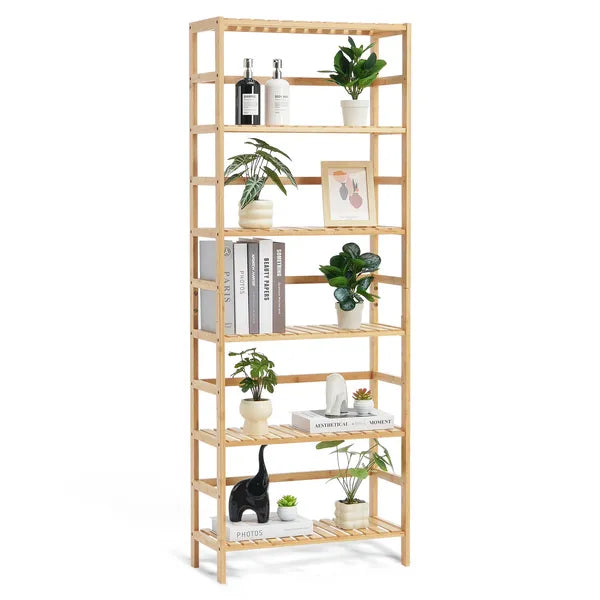 AEELLEEA 6-Tier Bamboo Storage Shelf 23.62 x 10.24 x 63.39 Inch, Freestanding Wood Display Rack for Bathroom Kitchen Living Room Office