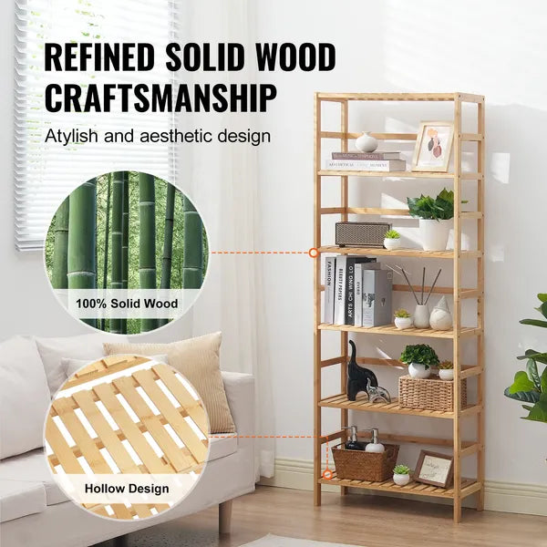 AEELLEEA 6-Tier Bamboo Storage Shelf 23.62 x 10.24 x 63.39 Inch, Freestanding Wood Display Rack for Bathroom Kitchen Living Room Office