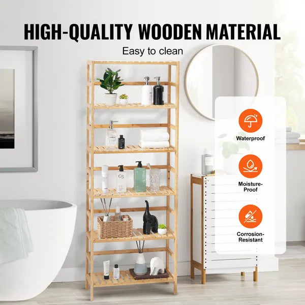 AEELLEEA 6-Tier Bamboo Storage Shelf 23.62 x 10.24 x 63.39 Inch, Freestanding Wood Display Rack for Bathroom Kitchen Living Room Office