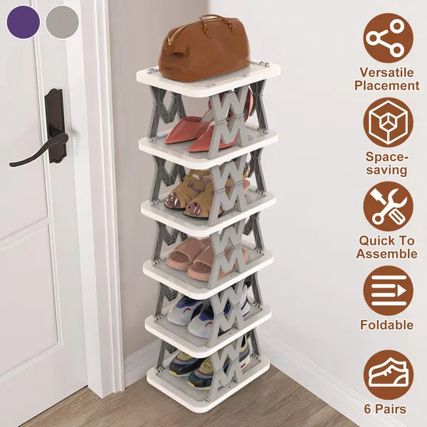 Aeelleea 6-Tier Foldable Shoe Rack, Freestanding Narrow Shoe Storage Organizer, Space Saving Shoe Shelf for Entryway Corner Hallway Bedroom