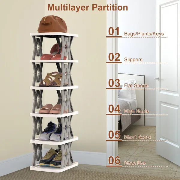 Aeelleea 6-Tier Foldable Shoe Rack, Freestanding Narrow Shoe Storage Organizer, Space Saving Shoe Shelf for Entryway Corner Hallway Bedroom