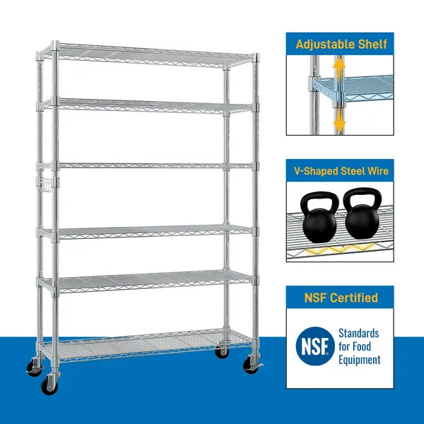 Aeelleea 6 Tier NSF Certified Wire Shelving Unit with Wheels, Freely Adjustable Heavy Duty Metal Storage Rack, Silver,48x18x72 Inch