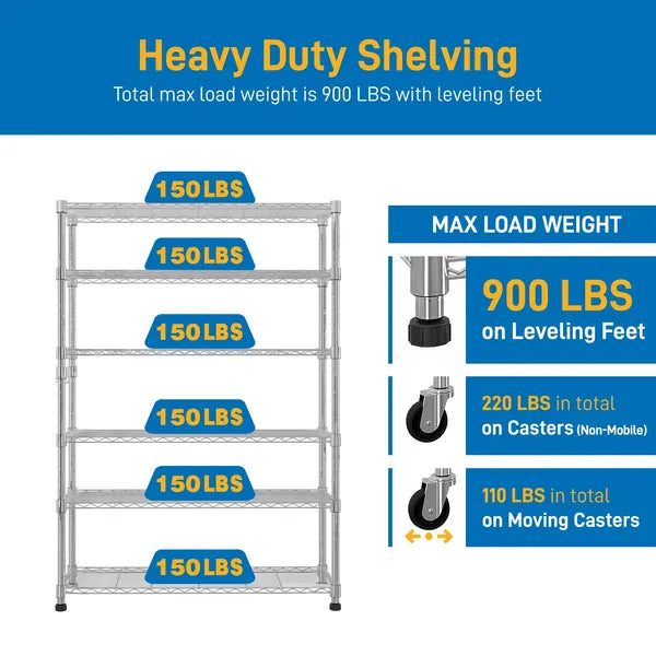 Aeelleea 6 Tier NSF Certified Wire Shelving Unit with Wheels, Freely Adjustable Heavy Duty Metal Storage Rack, Silver,48x18x72 Inch