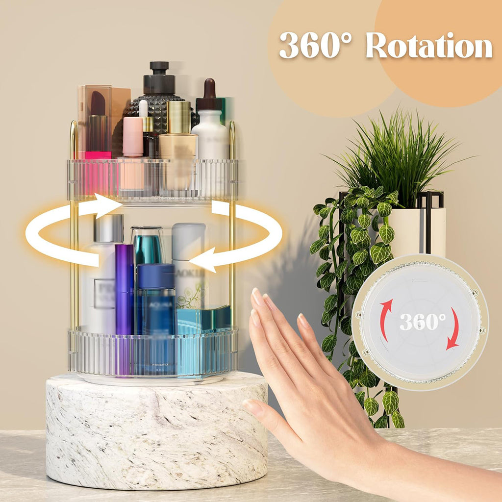 360 Rotating Lazy Susan Makeup Organizer, 2 Tiers Clear White High Capacity Cosmetic Storage for Vanity, Bathroom Countertop, Dresser, Skincare & Perfume Holder