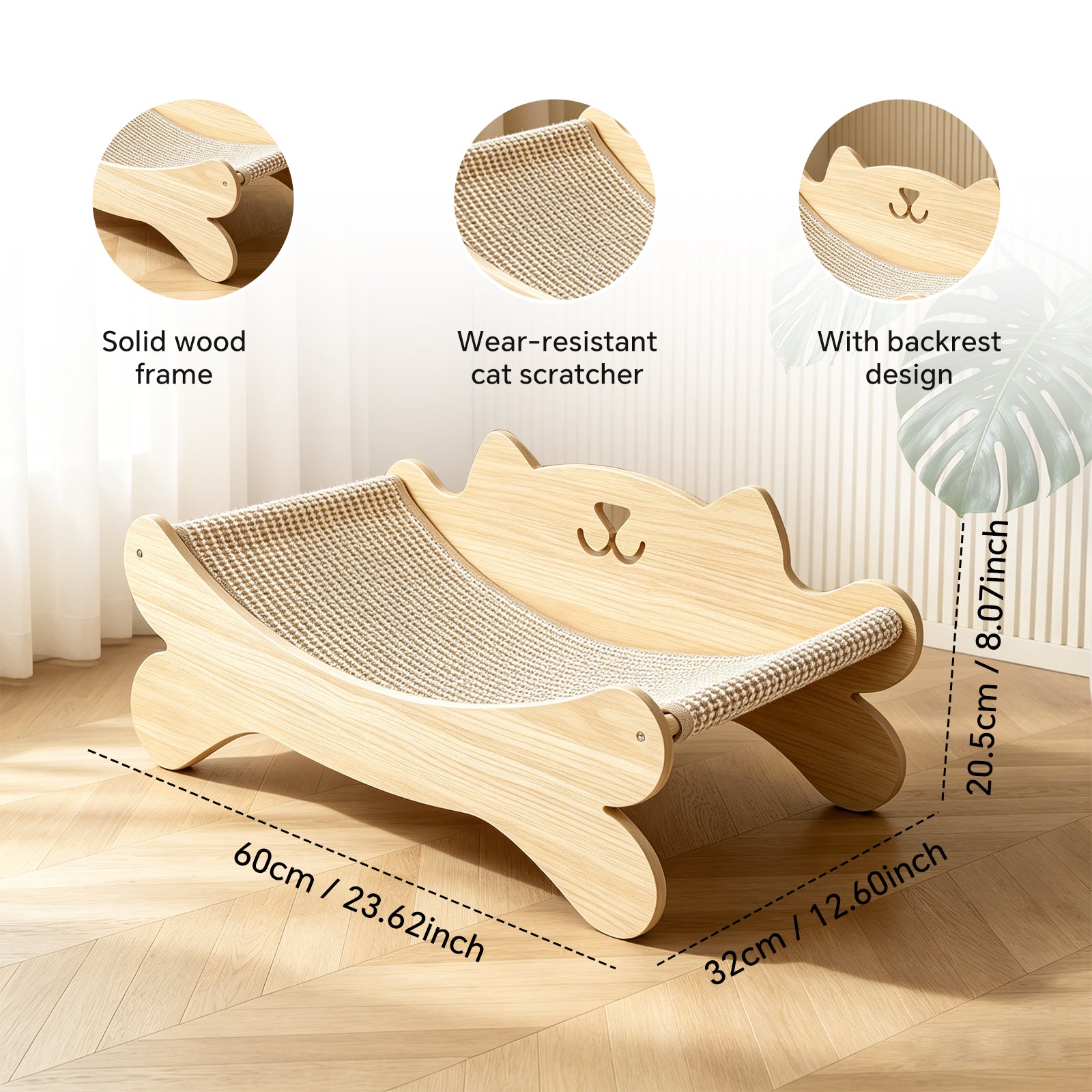PETS Sisal Cat Scratcher Bed for Indoor Cats, Wooden Cat Scratching Lounge Chair with Natural Sisal Pad, Cat Hammock Scratcher Furniture
