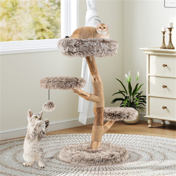 AEELLEEA 35.5-Inch Natural Wood Cat Tree with Plush Perches, Sisal Scratching Posts and Hanging Pom-Pom Toy