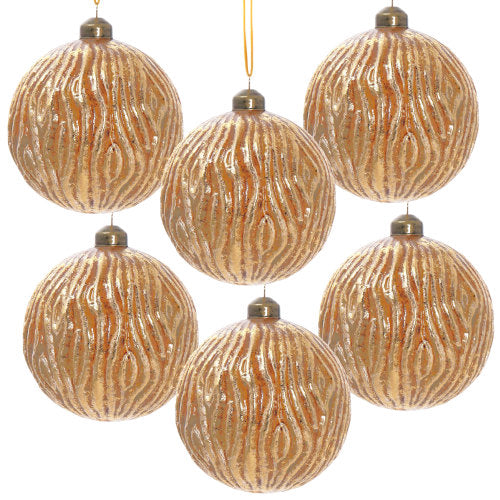 AEELLEEA 3.9" Gold Wavy Textured Glass Christmas Ball Ornaments Set of 6, Hanging Baubles for Xmas Tree Seasonal Home Decor