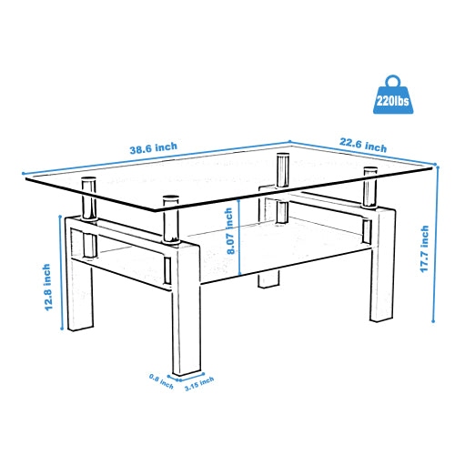 AEELLEEA Black Tempered Glass Coffee Table, 7mm Glass Top, Lower Storage Shelf, Modern Rectangular Living Room Table